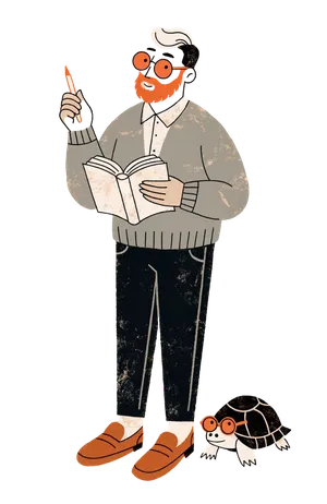 Illustrierte Figur des Chronisten mit Buch und einer Schildkröte mit Brille