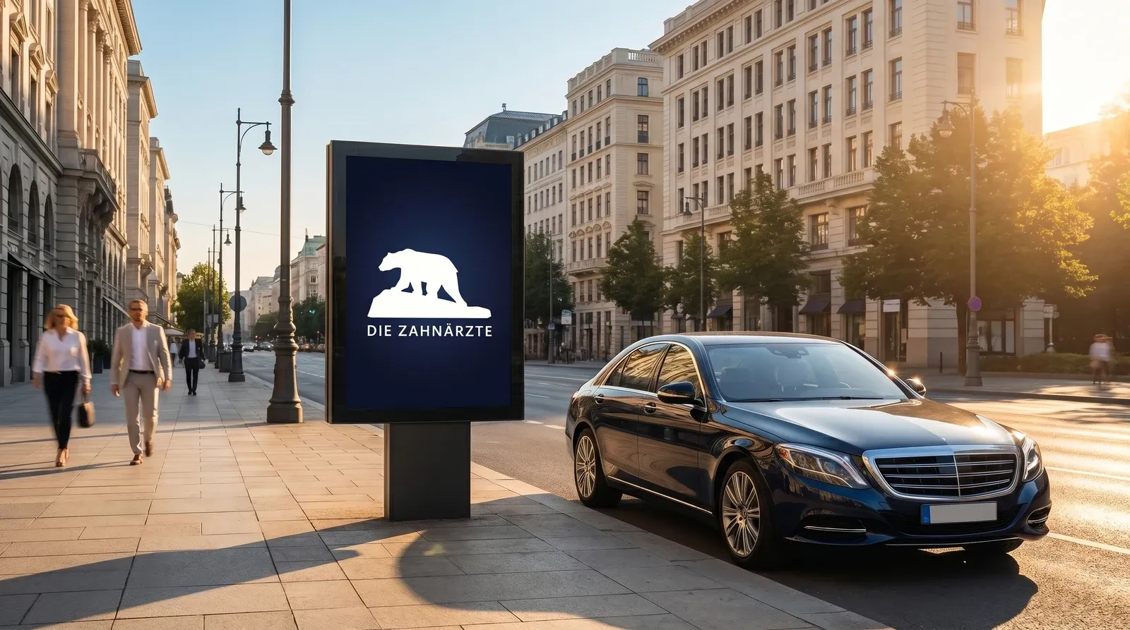 Citylight-Werbetafel mit dem Logo Die Zahnärzte, weißer Eisbär auf dunkelblauem Signet, im Straßenraum