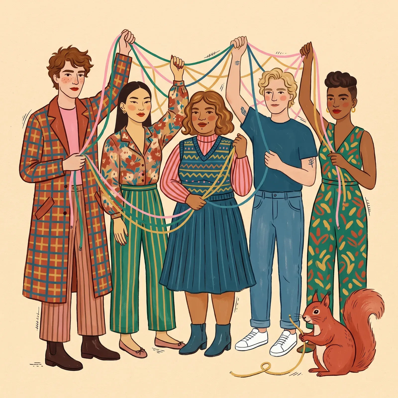 Illustration von fünf Menschen, die bunte Bänder zwischen sich spannen, daneben ein Eichhörnchen
