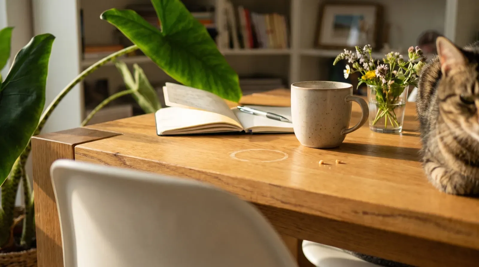 Sonniger Esstisch aus Eiche mit aufgeschlagenem Notizbuch, Tasse, Wiesenblumen und einer Katze am Rand