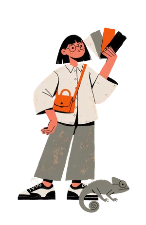 Illustrierte Figur der Farbgeberin mit Farbfächer und einem Chamäleon
