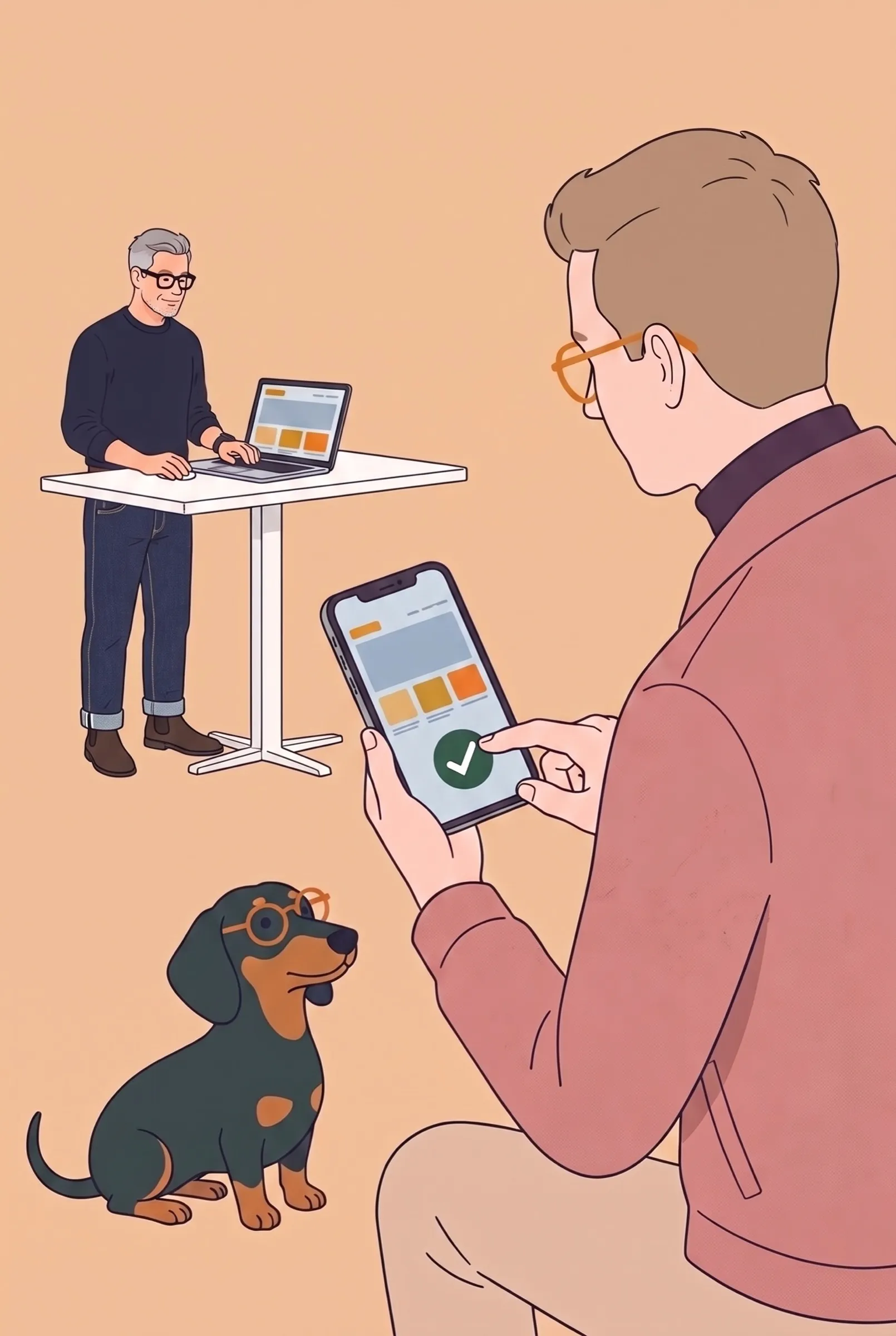 Illustration: ein Mann tippt auf seinem Handy auf einen grünen Haken