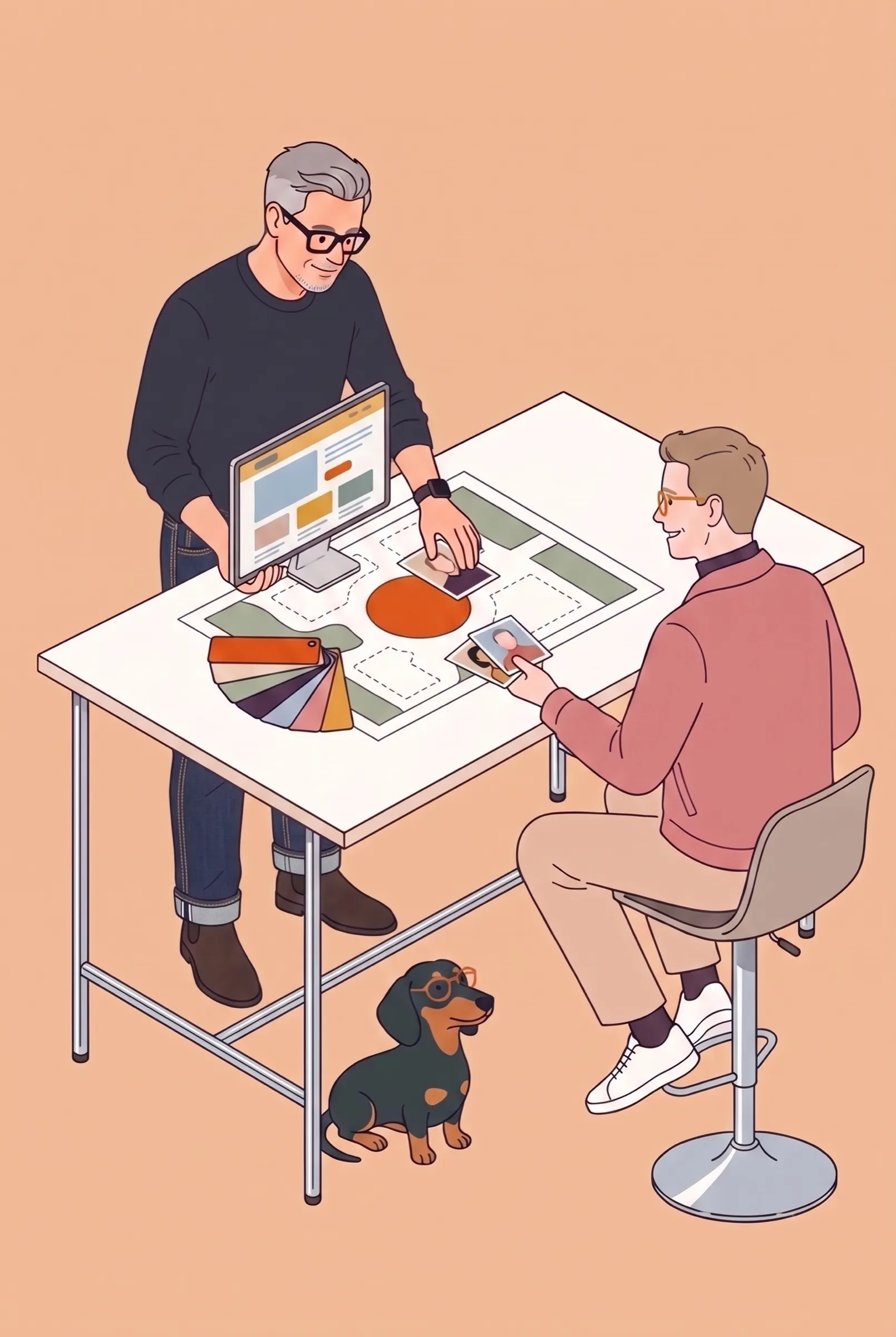 Illustration: Der Kreis in der Mitte ist gefüllt, daneben steht ein Bildschirm mit der ersten Website