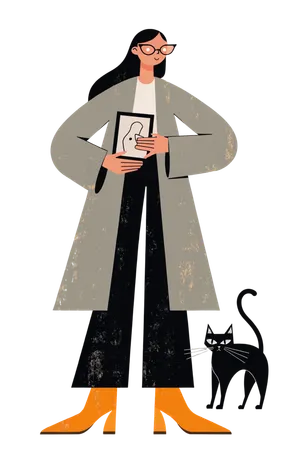 Illustrierte Figur der Kuratorin mit Bilderrahmen und einer eleganten Katze