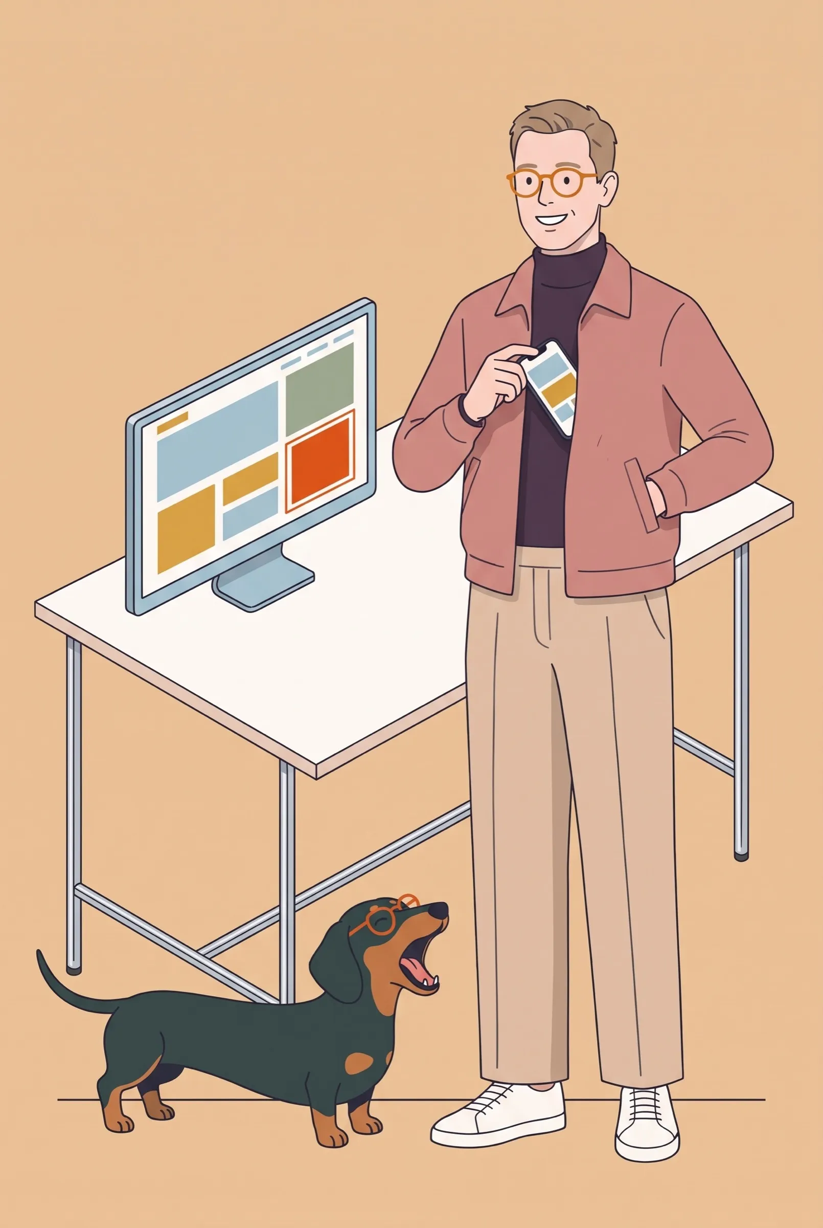 Illustration: ein Mann steht zufrieden neben einem Bildschirm mit der fertigen Website, ein Dackel gähnt