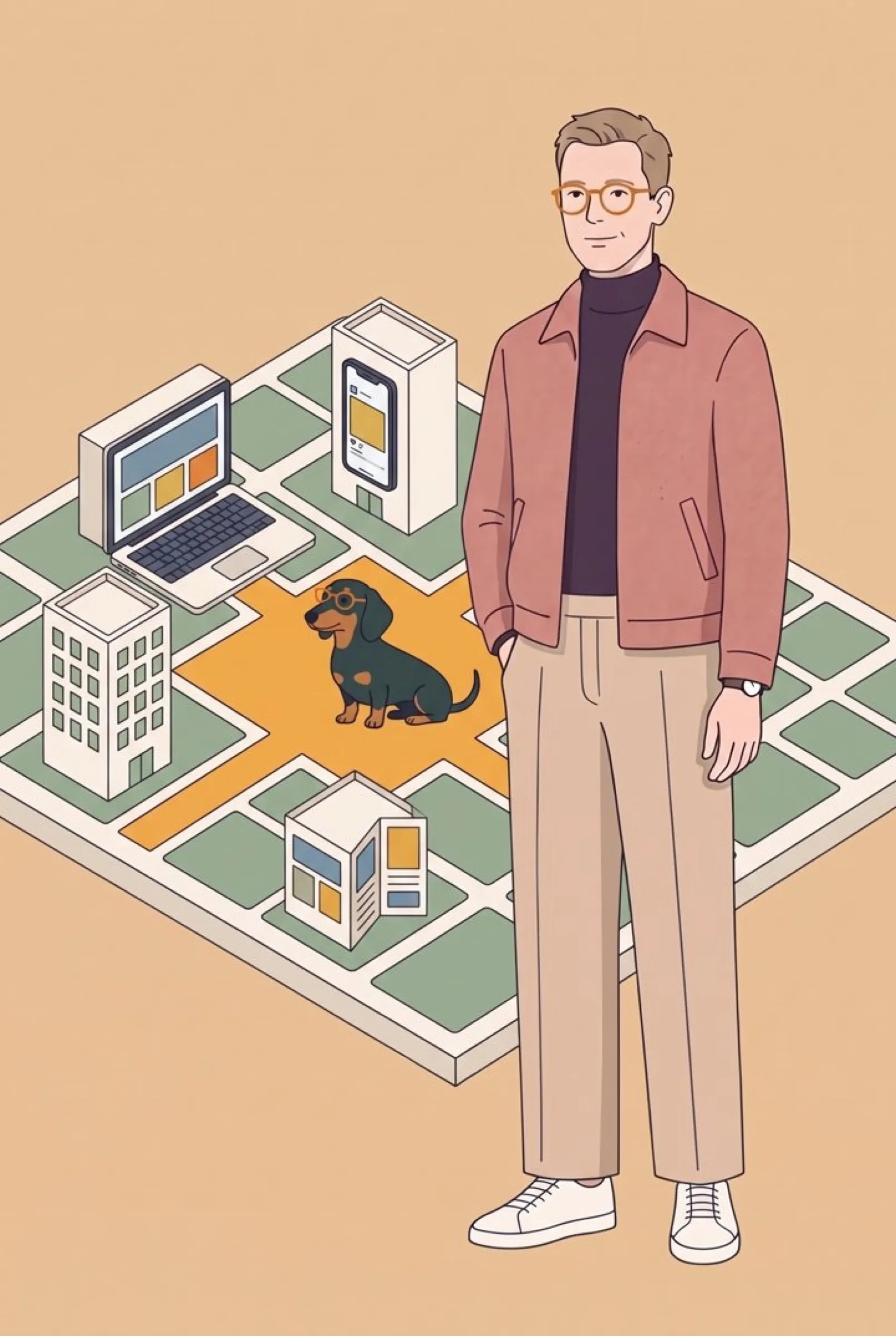 Illustration: ein Mann steht neben einem kleinen Stadtmodell mit orangefarbenem Platz, Laptop und Handy als Häuser