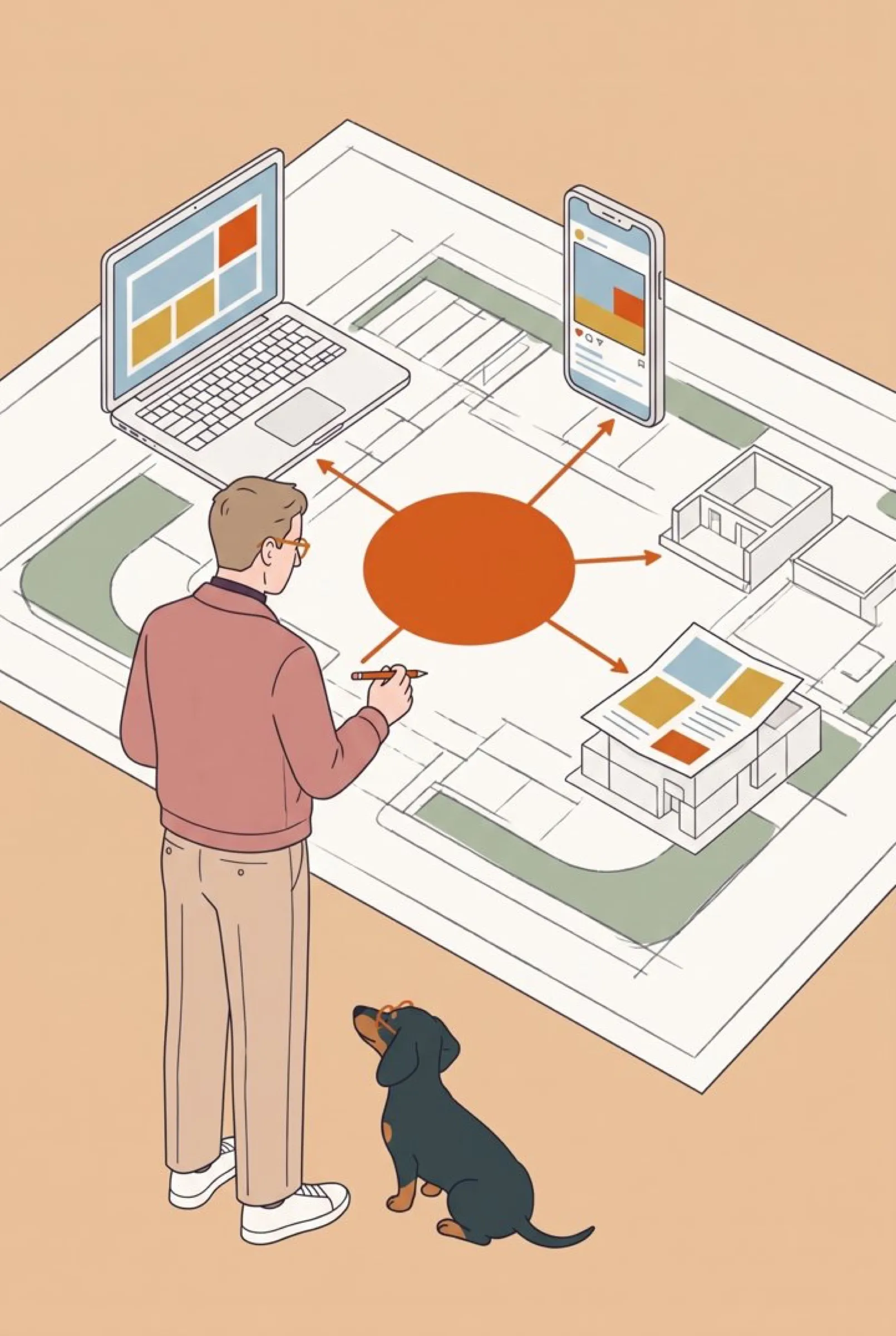 Illustration: ein Mann zieht mit einem Stift Pfeile von einem orangefarbenen Kreis zu Laptop, Handy und Flyer