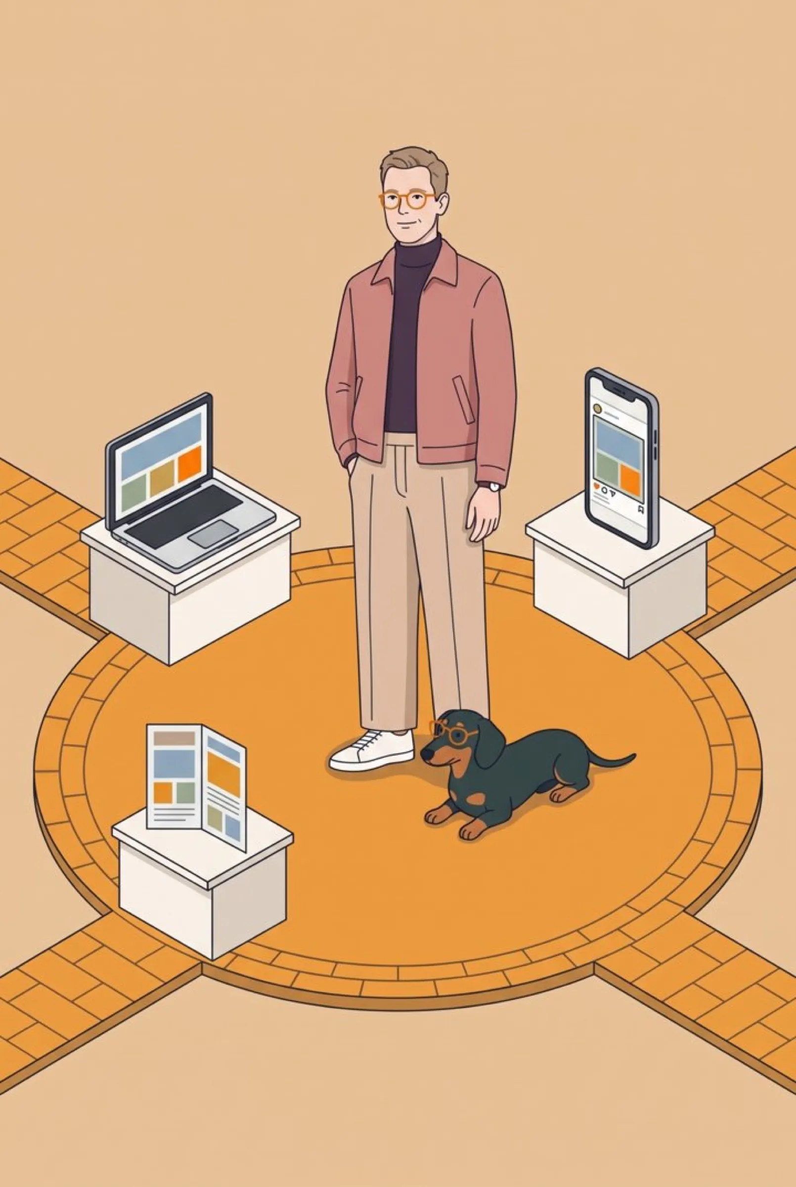 Illustration: ein Mann steht auf einem runden orangefarbenen Platz, darum Sockel mit Laptop, Handy und Flyer