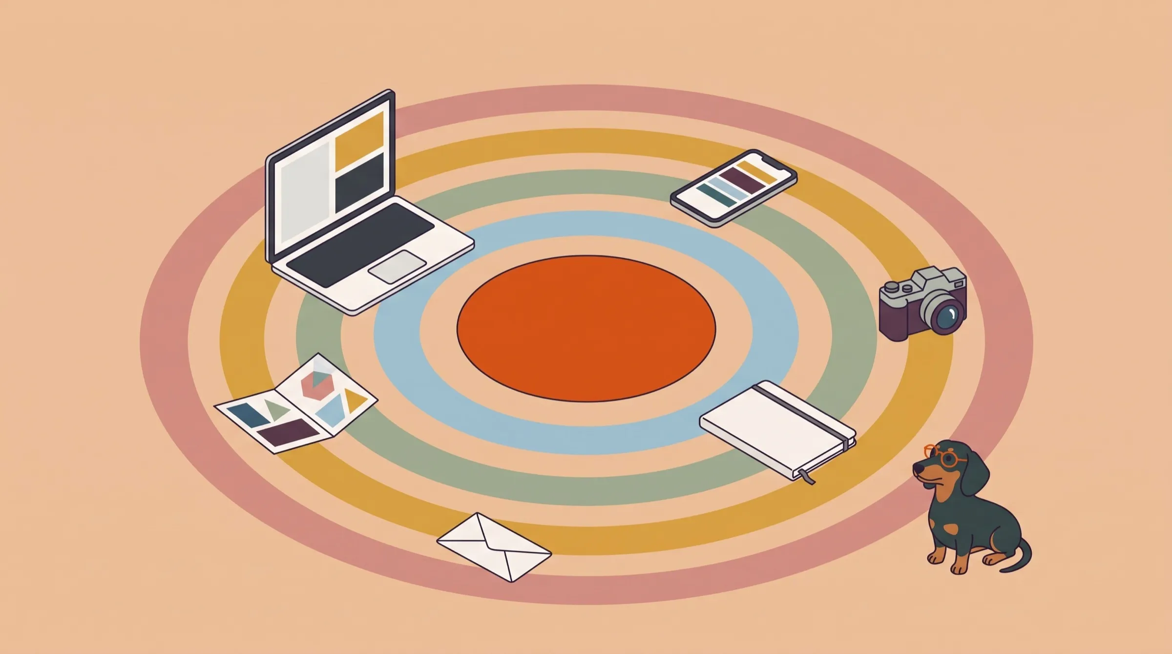 Illustration von oben: ein ruhiger orangefarbener Kreis in der Mitte, darum farbige Ringe mit Laptop, Handy, Kamera, Notizbuch, Flyer und Brief, am Rand ein Dackel mit Brille