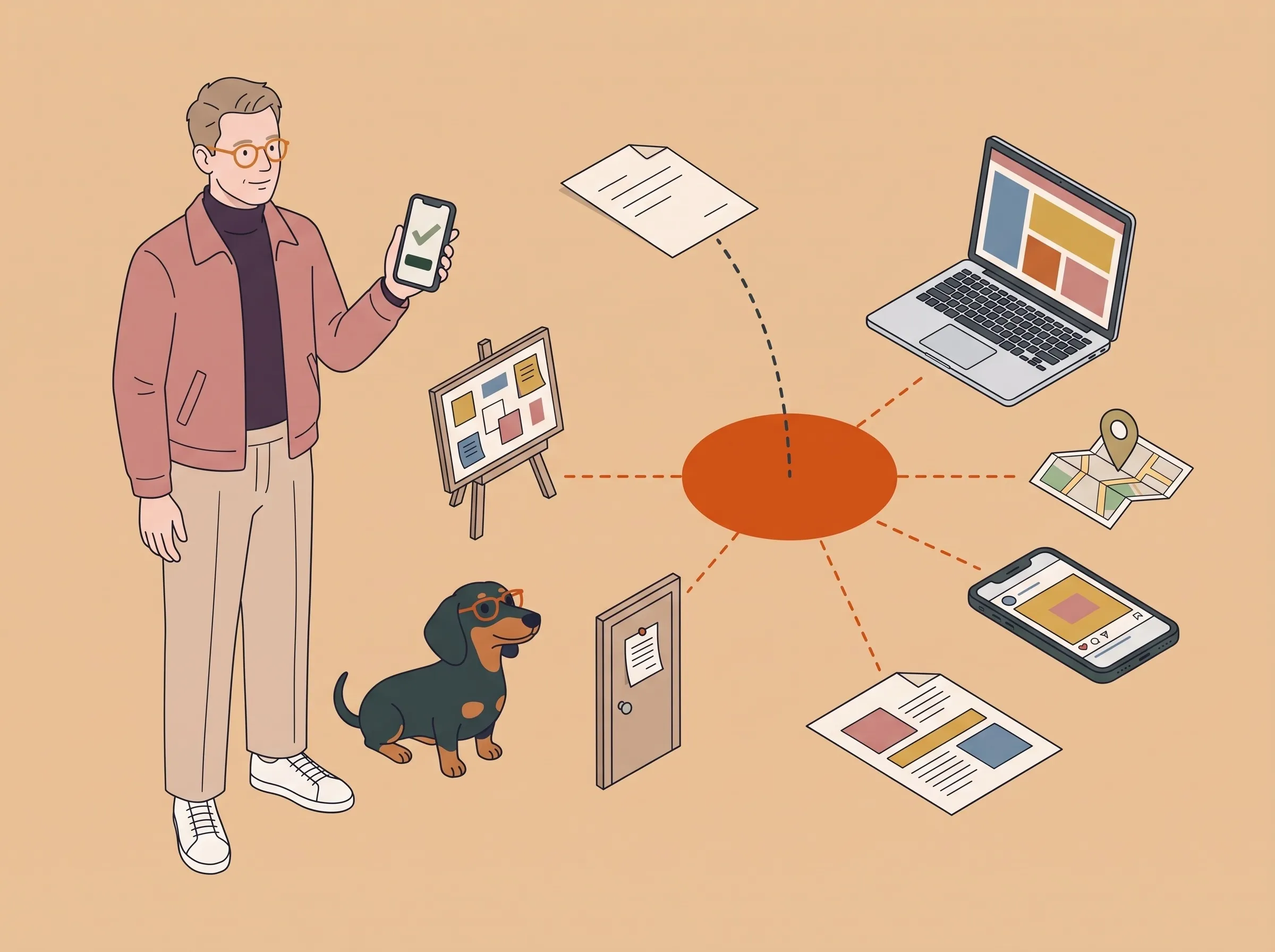 Illustration: Ein Mann hält ein Handy mit grünem Haken, daneben ein orangefarbener Kreis, von dem gestrichelte Linien zu Laptop, Karte, Handy, Flyer, Tür und Tafel führen