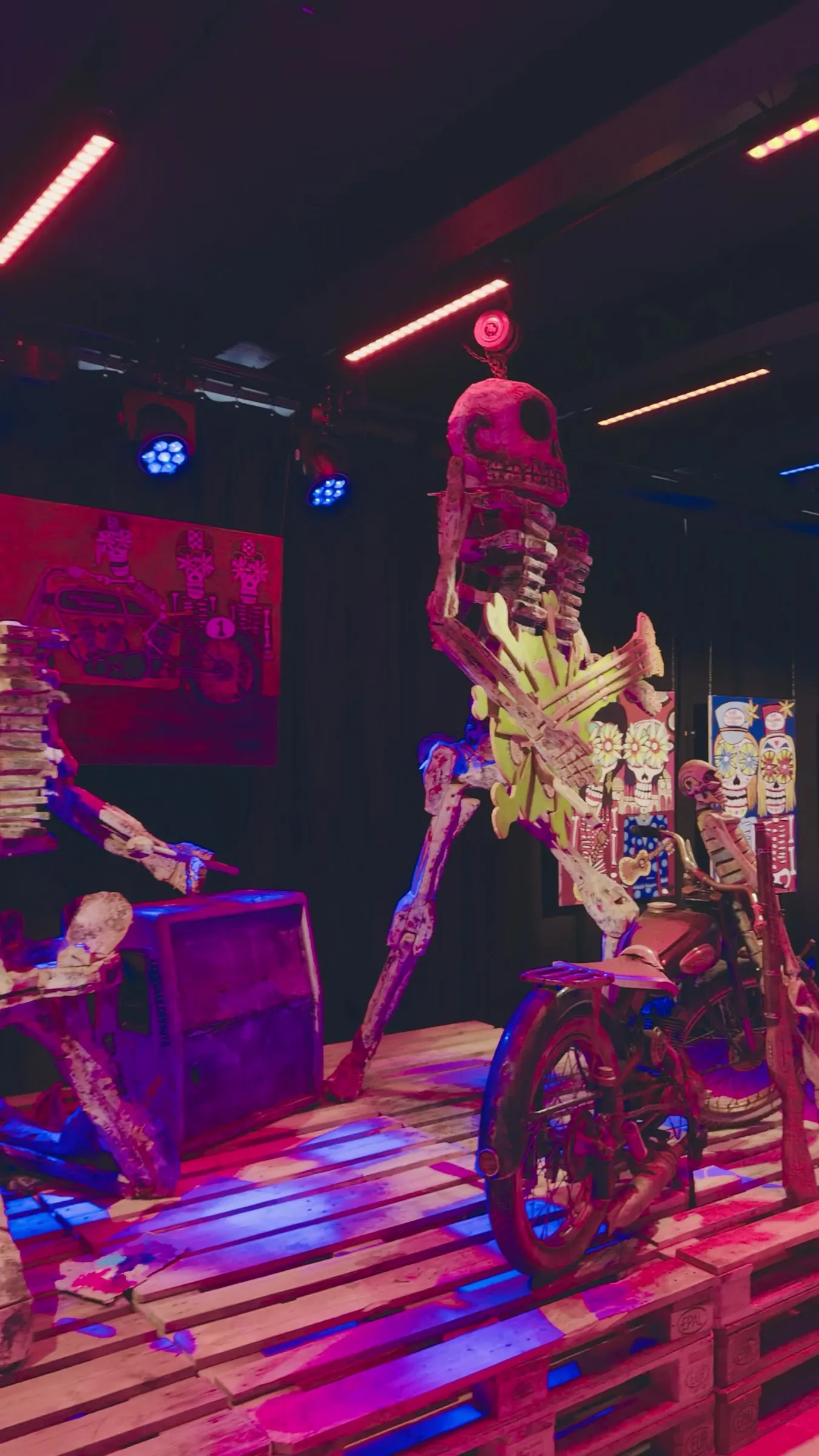Video: bemalte Skelettfigur auf einem Fahrrad, pink beleuchtet