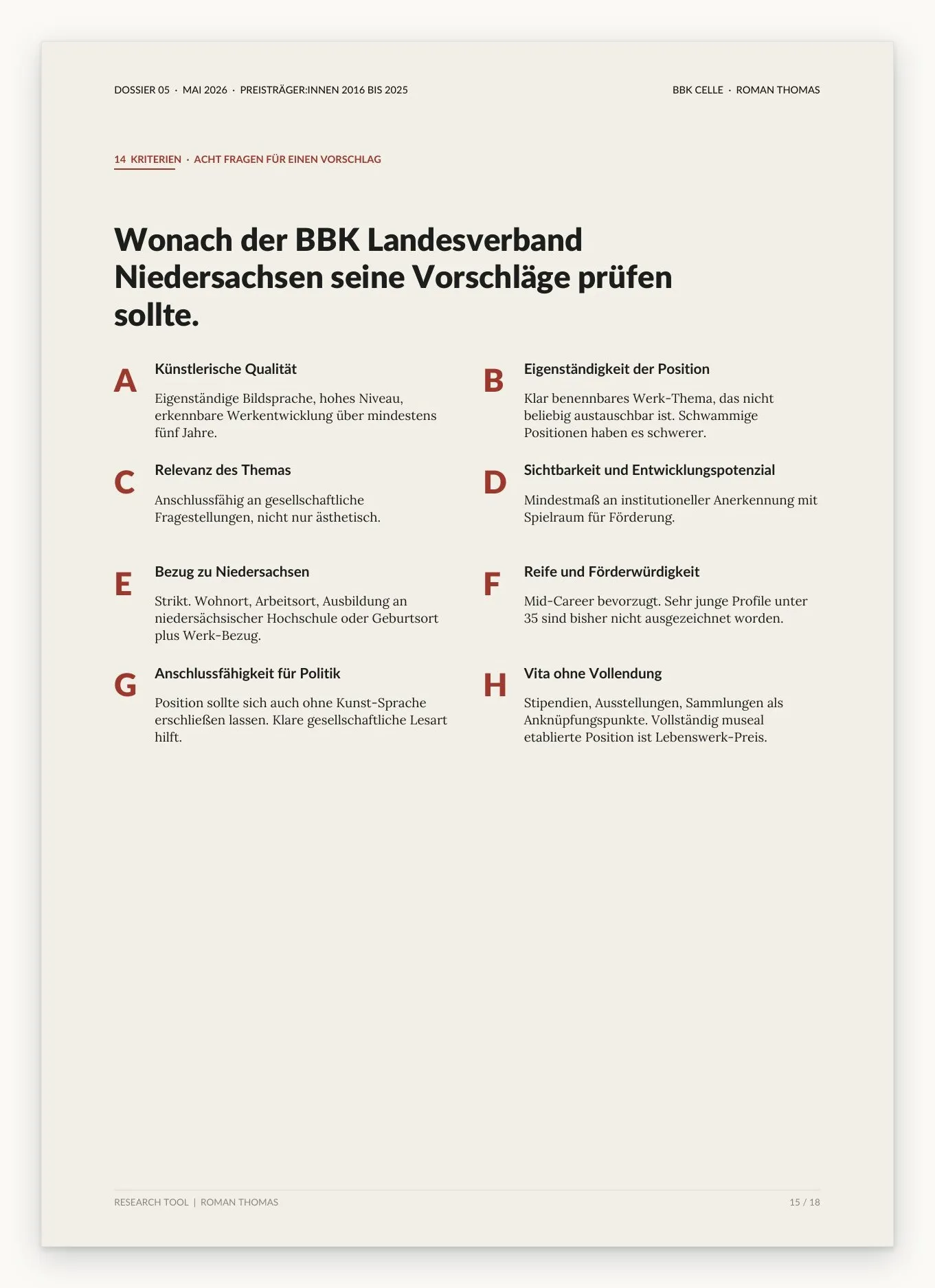 Dossierseite mit der Überschrift Wonach der BBK Landesverband Niedersachsen seine Vorschläge prüfen sollte, darunter acht Kriterien von A bis H