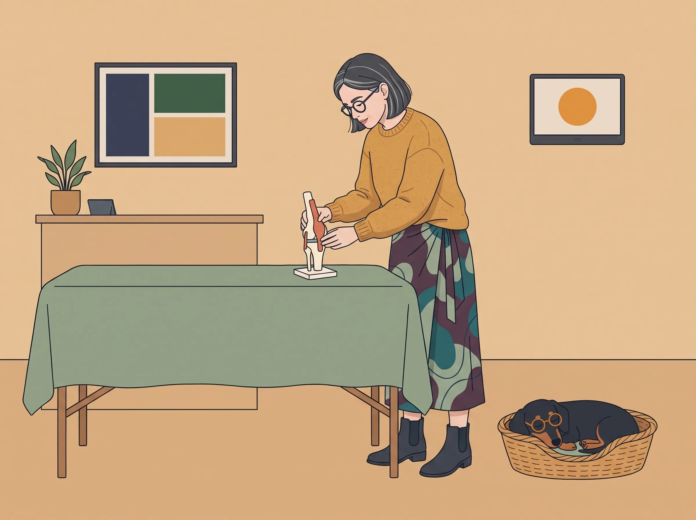 Illustration: Die Frau arbeitet wieder an der Behandlungsliege, der Dackel schläft in seinem Korb