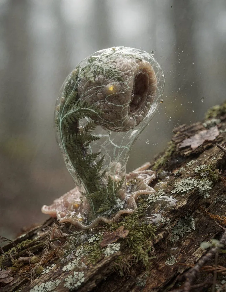Fotorealistisches erfundenes Wesen, eine gläsern eingehüllte Farnschnecke auf bemooster Rinde