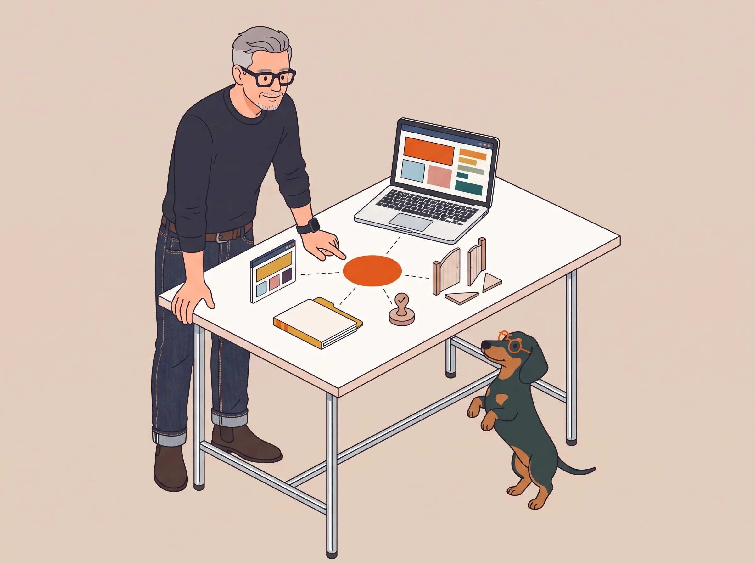 Illustration: Roman beugt sich über den Stehtisch und zeigt auf einen orangen Kreis, um ihn herum liegen ein Websiterahmen, eine Mappe, ein Stempel mit Haken und ein kleines Gartentor, ein Dackel stellt sich an das Tischbein